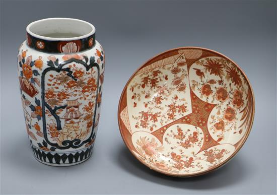 An Imari vase and a Kutani bowl height 24.5cm